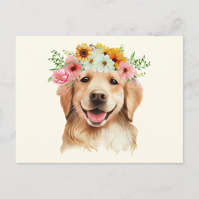 Cartão Postal Cachorro Golden Retriever Fofo com Flores  (Frente)