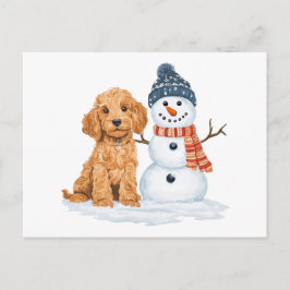Cartão Postal Cachorro Goldendoodle de Inverno Boneco de Neve Fo