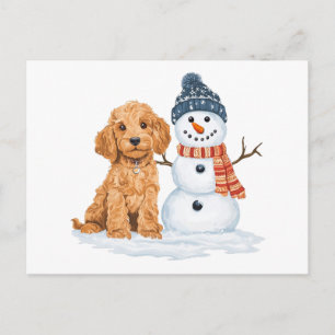 Cartão Postal Cachorro Goldendoodle de Inverno Boneco de Neve Fo