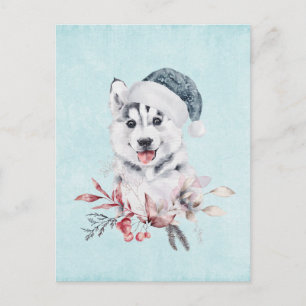 Cartão Postal Cachorro Husky de Natal com um Chapéu de Papai Noe