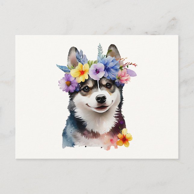 Cartão Postal Cachorro Husky Siberiano Fofo com Flores  (Frente)