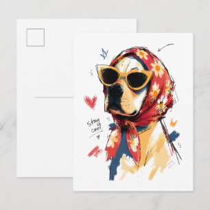 Cartão Postal Cachorro Legal com Lenço Floral na Cabeça e Óculos