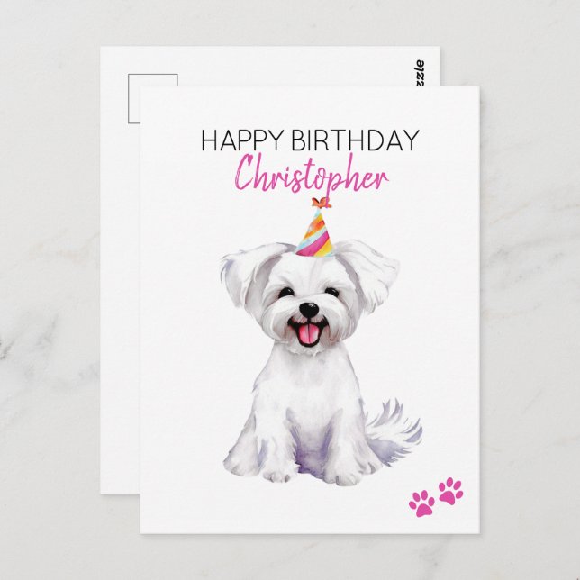 Cartão Postal Cachorro Maltês Personalizado Feliz Aniversário  (Frente/Verso)