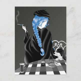 Cartão Postal Cachorro & Mulher no café Blue Hair Postcard