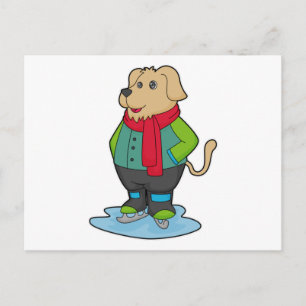 Cartão Postal Cachorro no gelo patinando com patins de gelo
