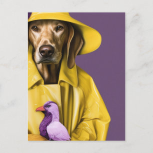 Cartão Postal Cachorro numa capa amarela com um pássaro roxo