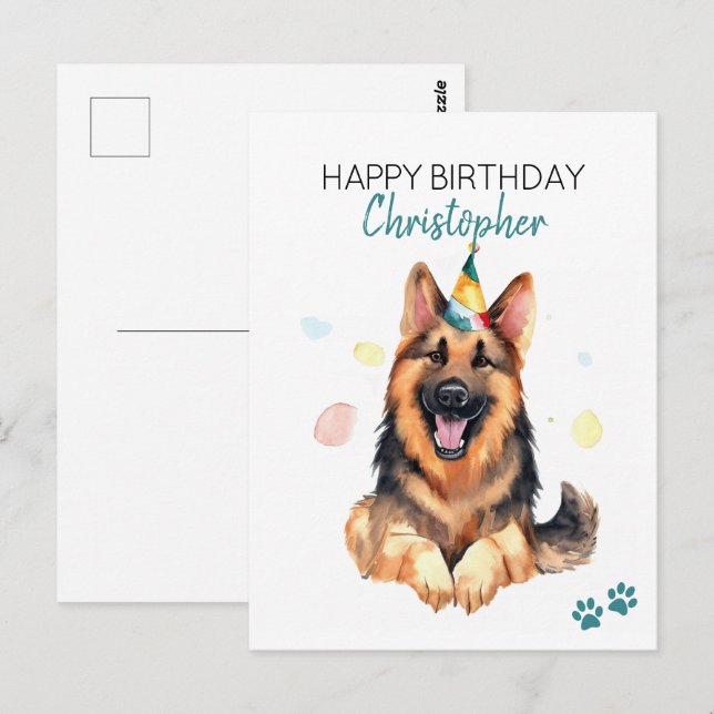 Cartão Postal Cachorro Pastor Alemão Personalizado Feliz Anivers (Frente/Verso)