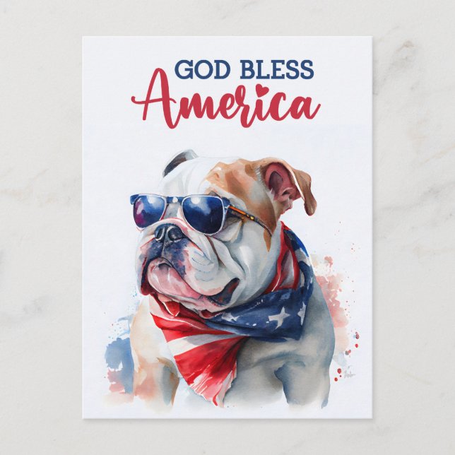 Cartão Postal Cachorro Patriótico-Buldogue, Deus Abençoe a Améri (Frente)