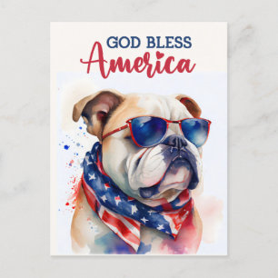 Cartão Postal Cachorro Patriótico-Buldogue, Deus Abençoe a Améri