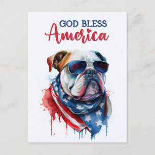 Cartão Postal Cachorro Patriótico-Buldogue, Deus Abençoe a Améri