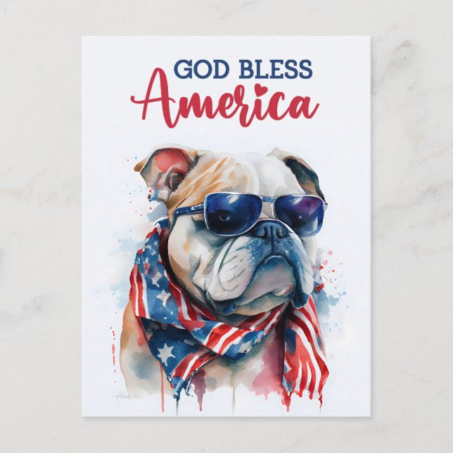 Cartão Postal Cachorro Patriótico-Buldogue, Deus Abençoe a Améri (Frente)