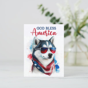 Cartão Postal Cachorro Patriótico-Husky, Deus Abençoe a América 