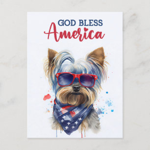Cartão Postal Cachorro Patriótico-Yorkie, Deus Abençoe a América