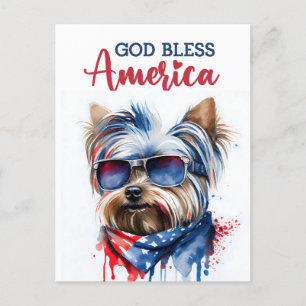 Cartão Postal Cachorro Patriótico-Yorkie, Deus Abençoe a América