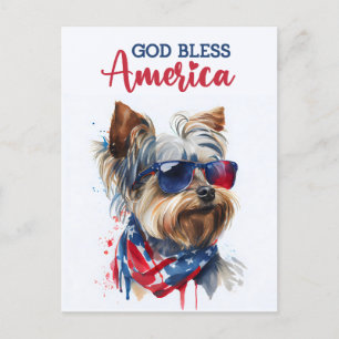 Cartão Postal Cachorro Patriótico-Yorkie, Deus Abençoe a América