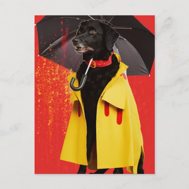 Cartão Postal Cachorro Preto num Casaco Amarelo da Chuva (Frente)