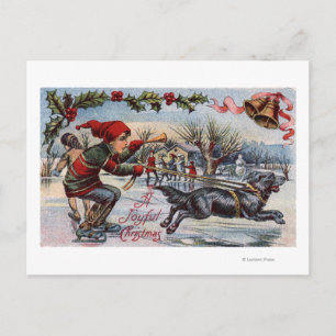 Cartão Postal Cachorro Puxando Criança em Skates de gelo