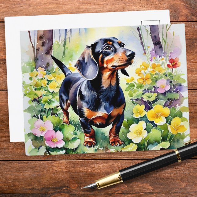 Cartão Postal Cachorro Salsicha Dachshund Fofo Flores Primaveras (A pretty postcard featuring a cute dachshund in woodland, with colorful primrose flowers in Spring)