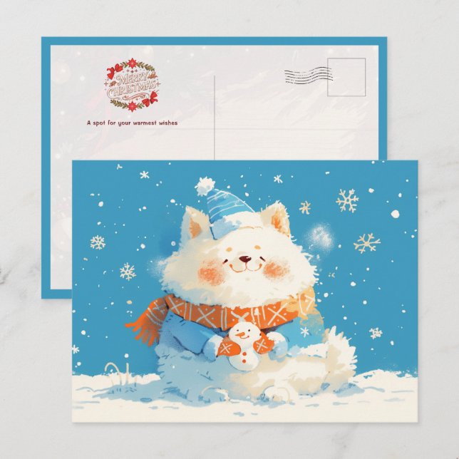 Cartão Postal Cachorro Samoyed Aconchegante com Mini Boneco de N (Frente/Verso)