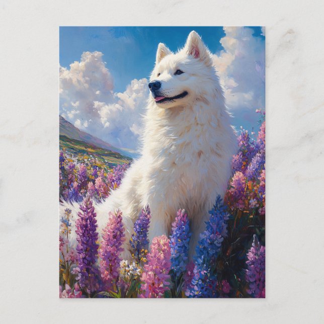 Cartão Postal Cachorro Samoyed Flores de Lupino Roxas (Frente)