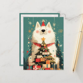 Cartão Postal Cachorro Samoyed fofo com Natal