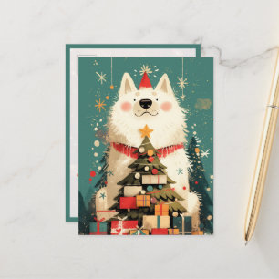 Cartão Postal Cachorro Samoyed fofo com Natal