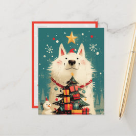 Cartão Postal Cachorro Samoyed fofo com Natal