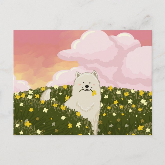 Cartão Postal Cachorro Samoyed Fofo em Campo de Flores Amarelas  (Frente)