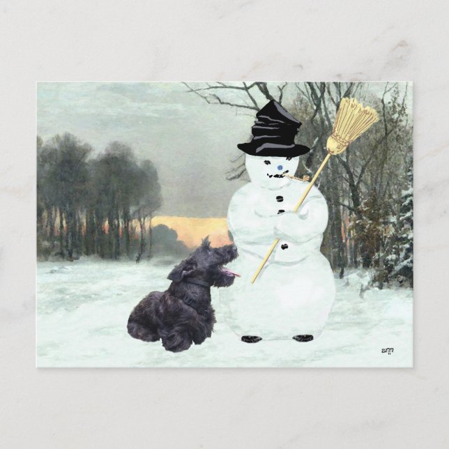 Cartão Postal Cachorro Scottie e Boneco de Neve (Frente)