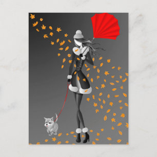 Cartão Postal Cachorro & Senhora Folhas de Outono Cinza Monocrom