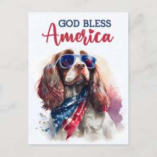 Cartão Postal Cachorro Spaniel Patriótico, Deus Abençoe a Améric