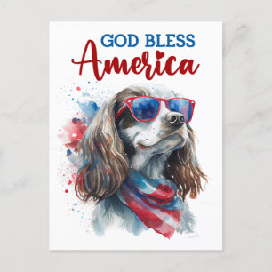 Cartão Postal Cachorro Spaniel Patriótico, Deus Abençoe a Améric