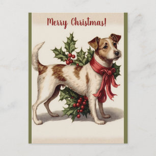 Cartão Postal Cachorro Vintage Editável Com Natal de Azevinho e