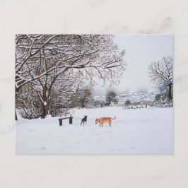 Cartão Postal cachorros brincando na paisagem nevada no natal