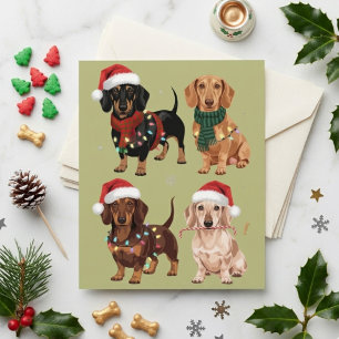 Cartão Postal Cachorros Dachshund Festivos de Natal com Chapéus 