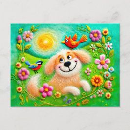 Cartão Postal Cachorros de Arte Relaxando em um Jardim Colorido