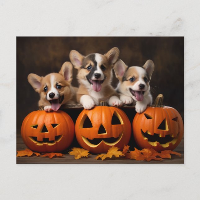 Cartão Postal Cachorros de Halloween com Cartaz de Abóbora (Frente)