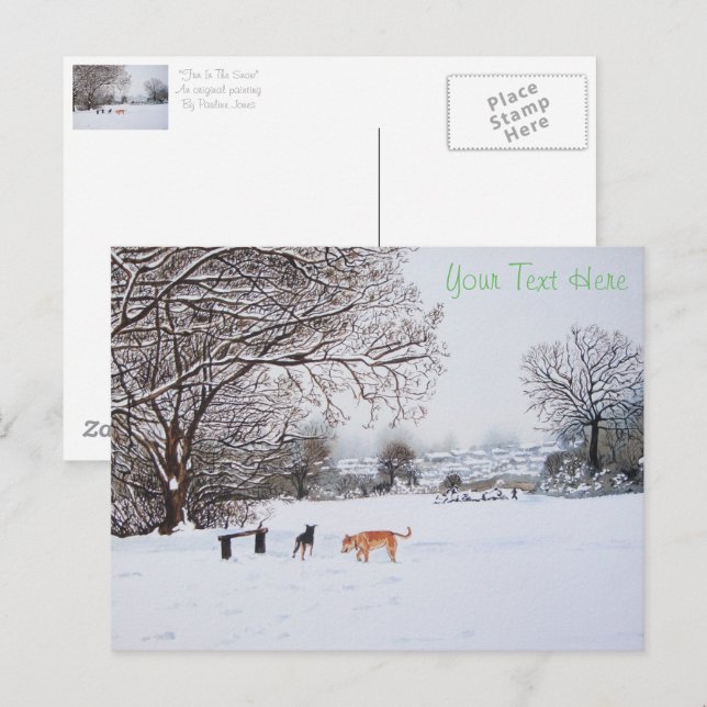 Cartão Postal cachorros tocando paisagem de neve no natal (Frente/Verso)