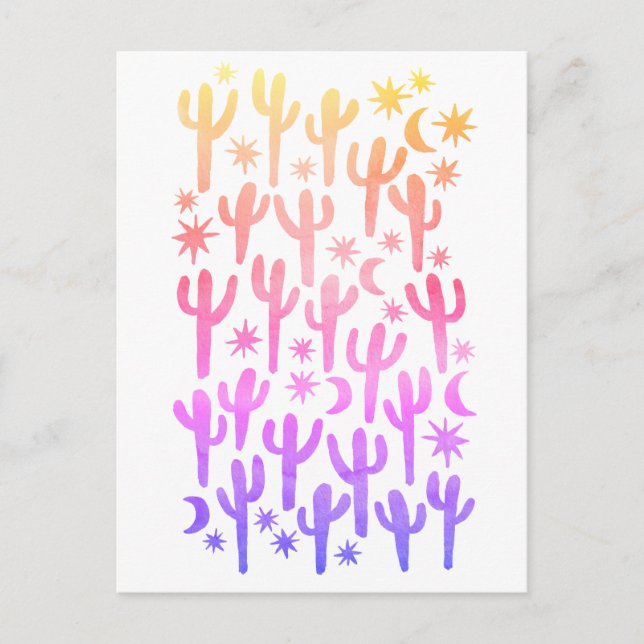Cartão Postal Cacto Saguaro Deserto Noturno Pôr do Sol Aquarela (Frente)