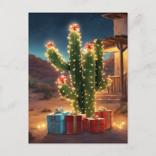 Cartão Postal Cactus De Natal Com Presentes Em Frente A Uma Casa