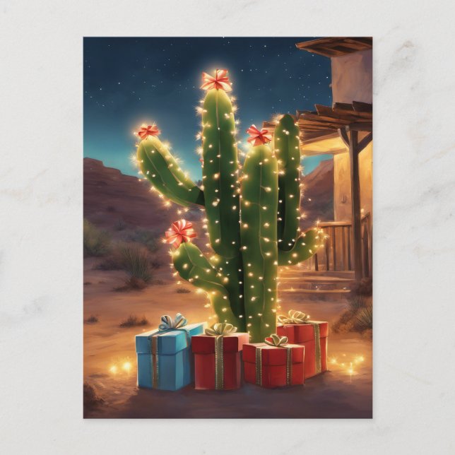 Cartão Postal Cactus De Natal Com Presentes Em Frente A Uma Casa (Frente)