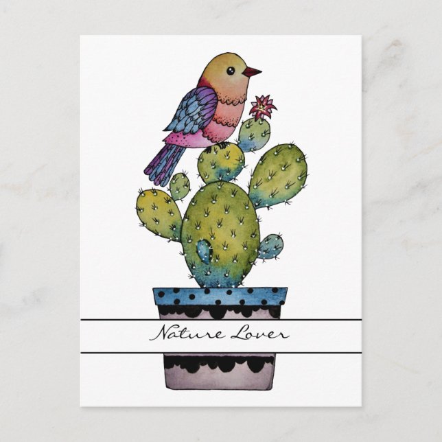 Cartão Postal Cactus E Ave Arco-Íris Em Aquarela (Frente)