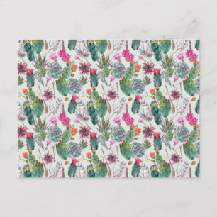 Cartão Postal Cactus Exótico Boho Watercolor e Padrão de Sucul