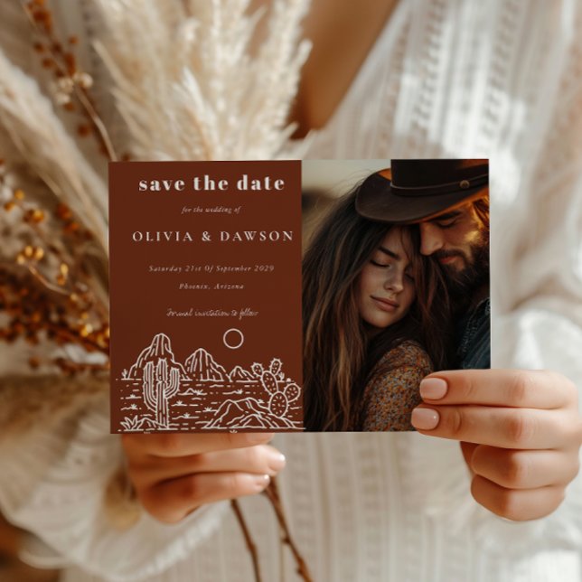 Cartão Postal Cactus Line Art Desert Foto para Salvar a Data (Criador carregado)