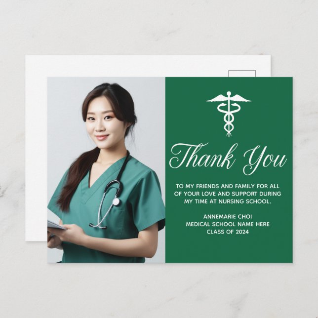 Cartão Postal Caduceu Médico Verde Branco Foto Obrigado (Frente/Verso)