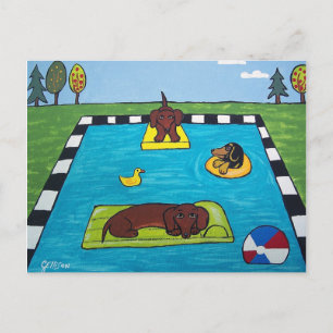 Cartão Postal Cães Dachshund Têm Cartão-Postal de Piscina