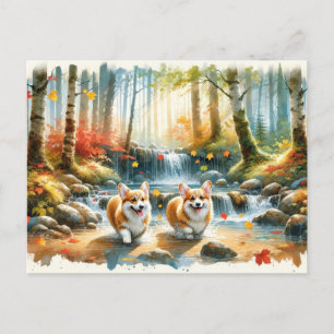 Cartão Postal Cães De Corgi Num Fluxo De Madeira Com Cores De Qu