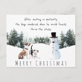 Cartão Postal Cães de Natal esperando um graveto de um boneco de