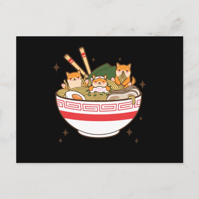 Cartão Postal Cães Kawaii comendo Ramen (Frente)