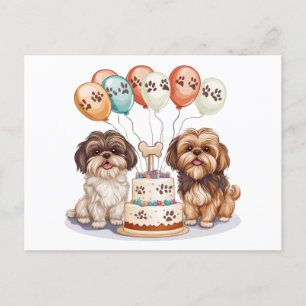 Cartão Postal Cães Shih Tzu de Aniversário Bolo de Aniversário